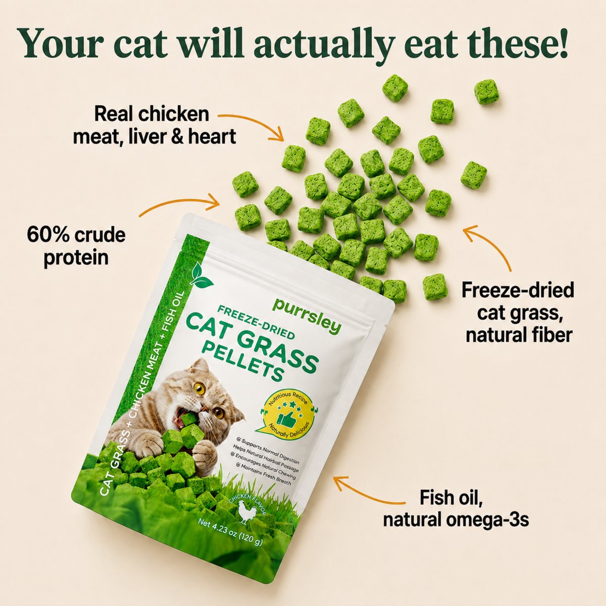 Freeze-dried cat supplements for hairball relief