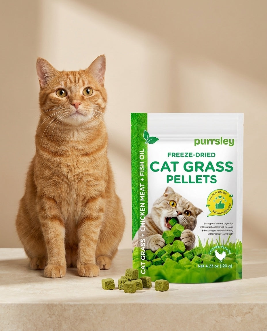 Orange cat sitting next to a Purrsley freeze-dried cat grass pellets pouch