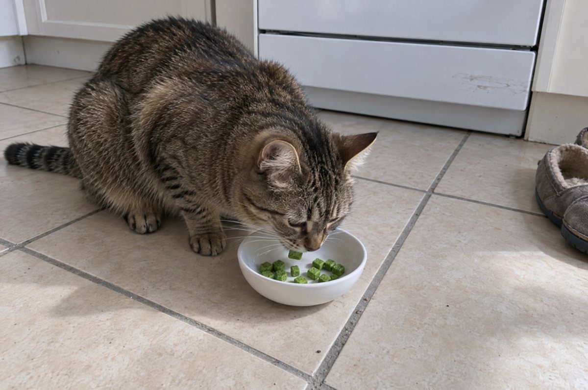 Cat eating treats from a small bowl